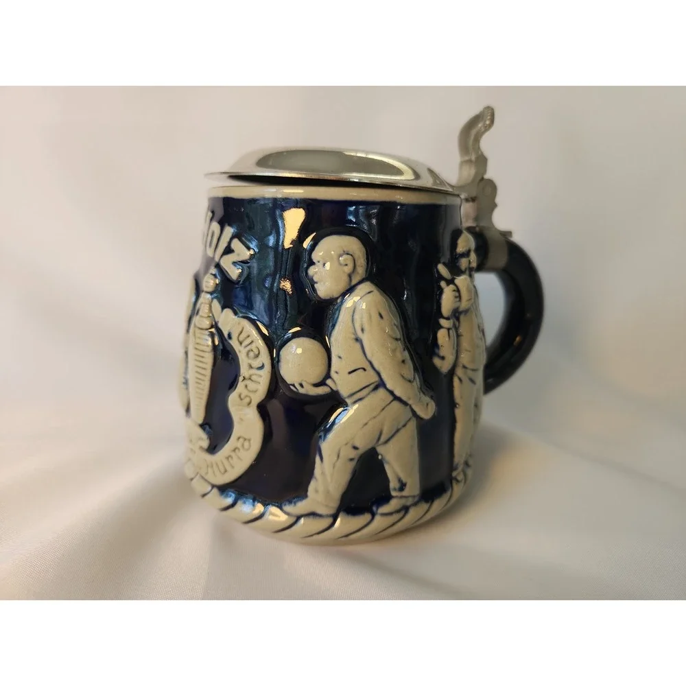 VTG 1930s Marzi Remy German Beer Stein 2789 Bowling Kegel Gut Holz Pewter Lid